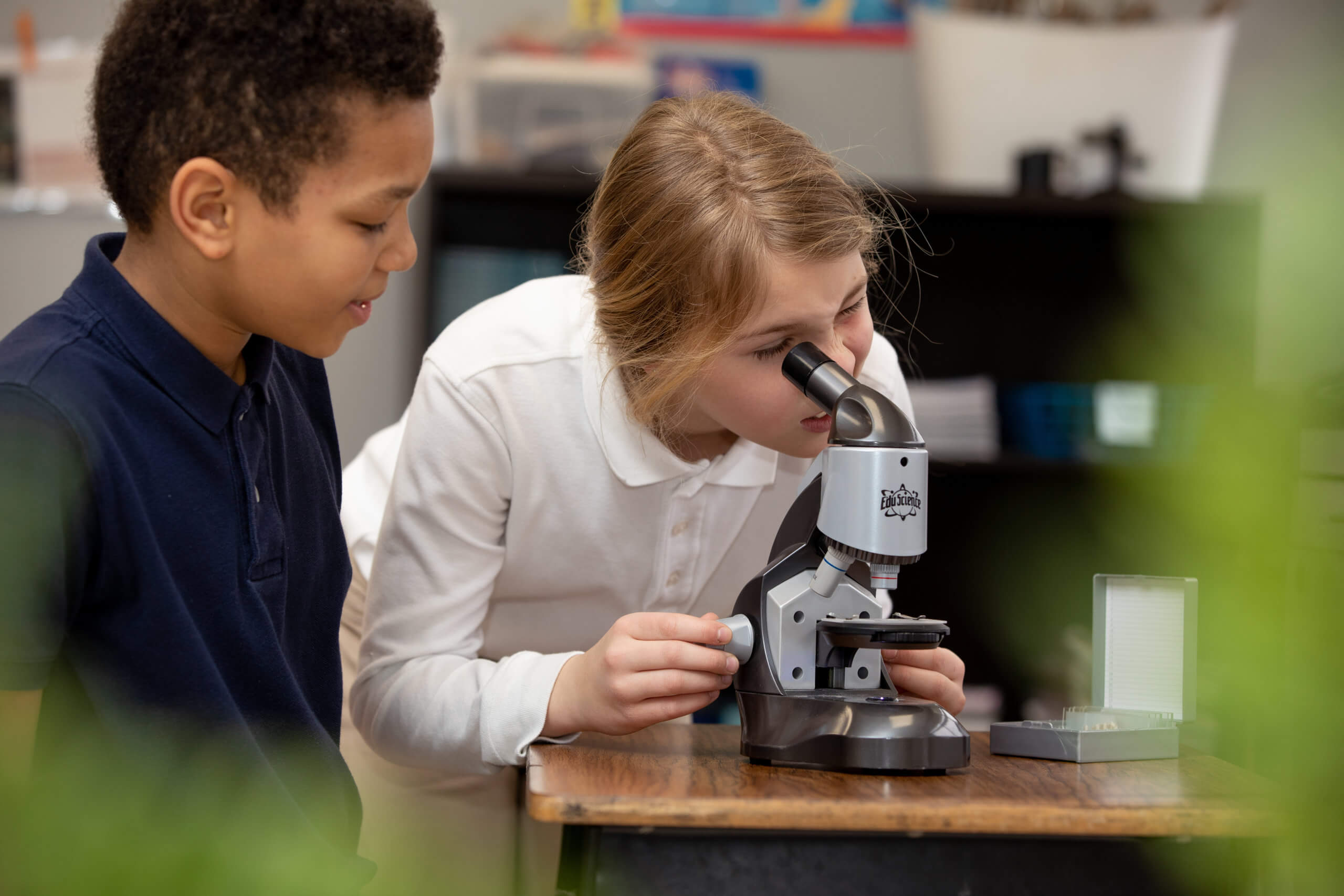 Ivywood Classical Academy students examining slides in a microscope